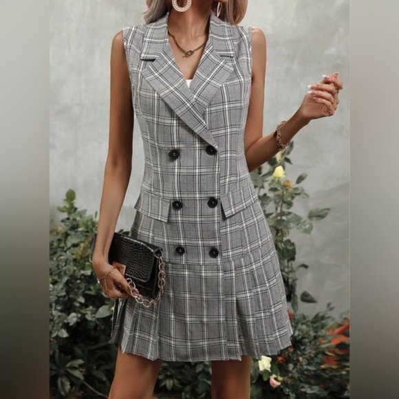 Plaid Double Breasted Pleated Hem Vest Blazer Dress - Picture 1 of 6